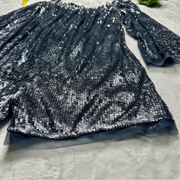 Free People Emilia Sequin Off Shoulder Romper in  Gunmetal Silver NWT Small - Picture 10 of 16